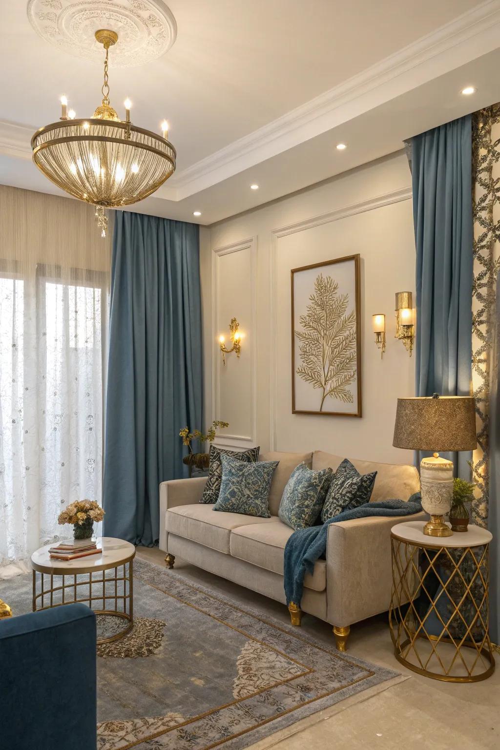 Metallic touches, like gilded accents, elevate the elegance of sky-hue drapes, adding a lavish touch to the area.
