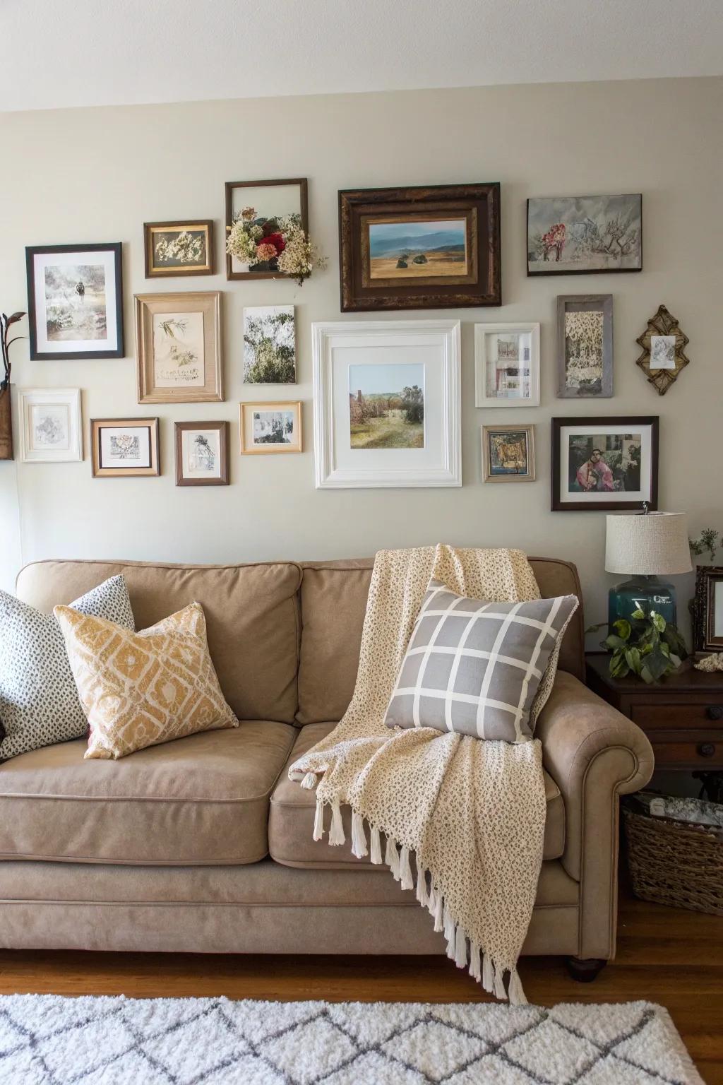 Artwork and wall decorations above the couch can function as a captivating focal point in your living room.