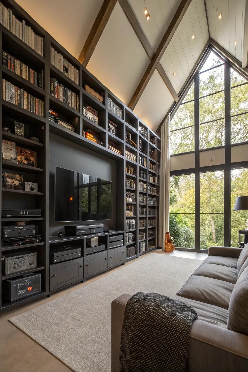 Vertical storage maximizes the available space in a loft media room.