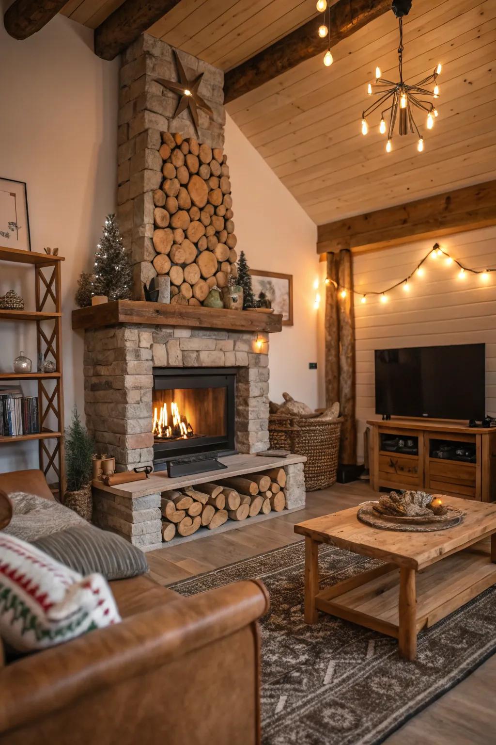 Logs enhancing the inviting atmosphere surrounding a hearth.
