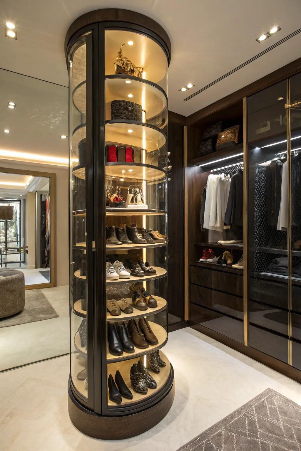 An innovative rotating footwear display for effortless access.