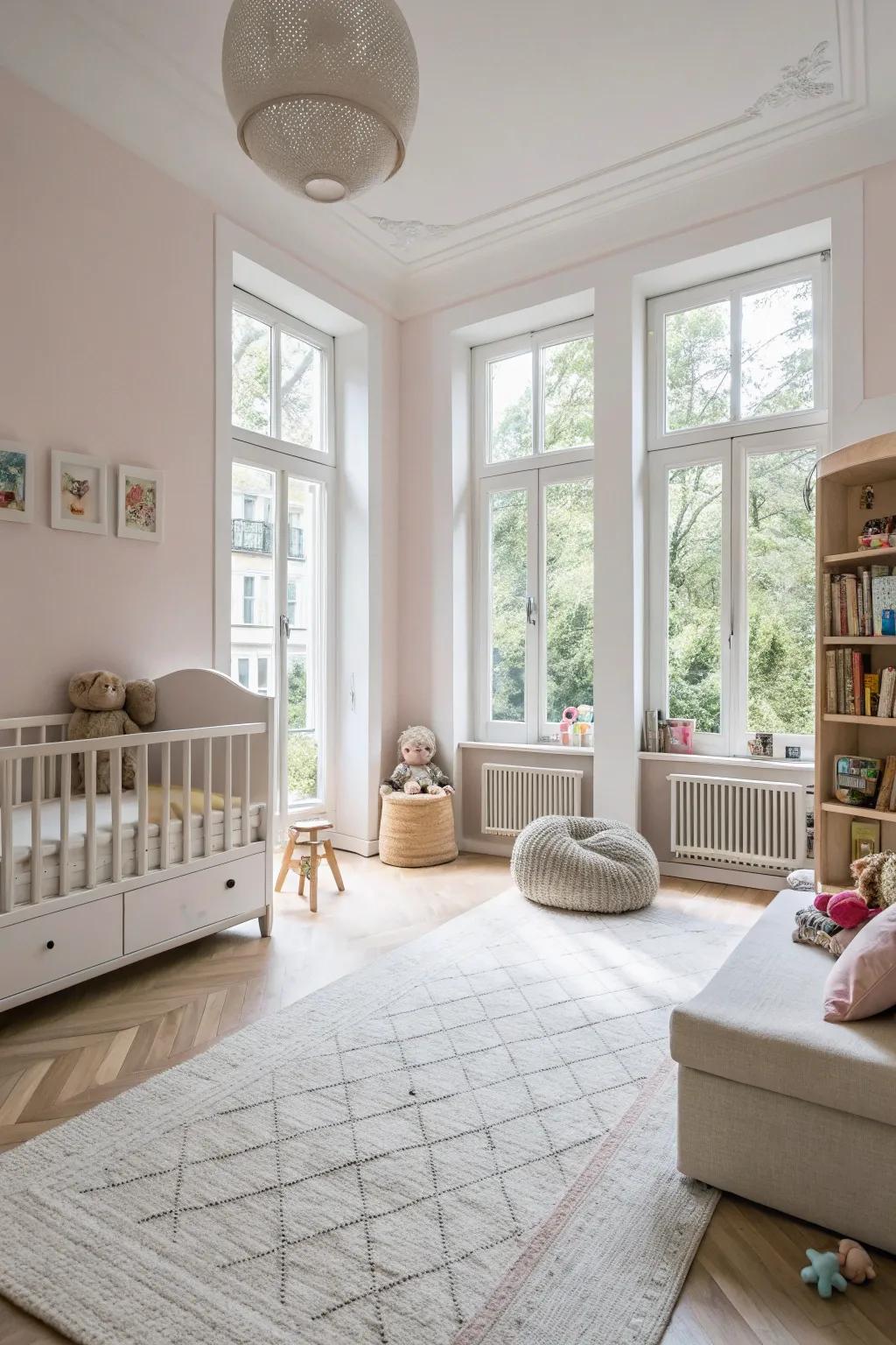 A nursery fashioned with a spacious layout, providing an airy and serene environment.