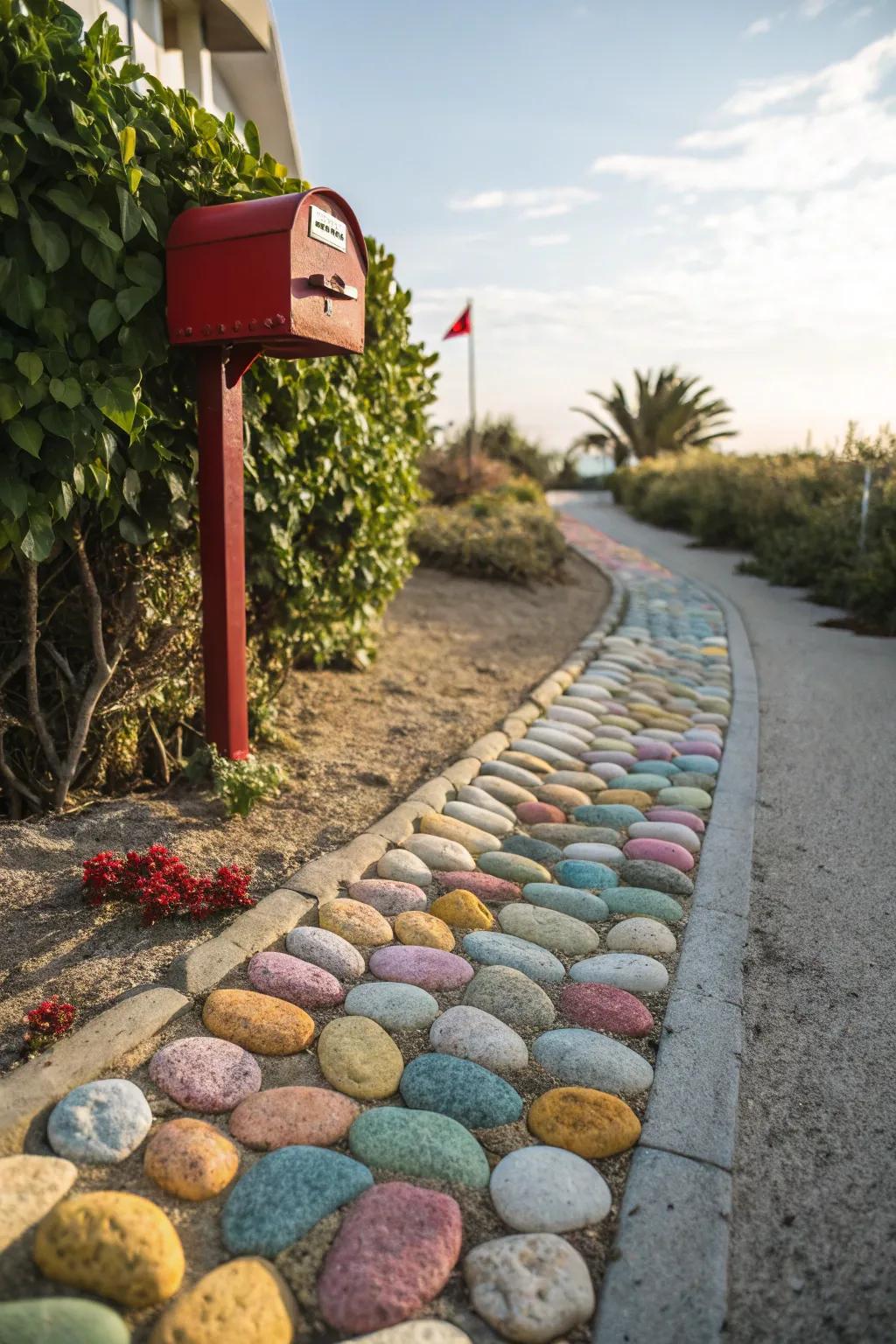 A pebble pathway adds a playful and inviting touch.