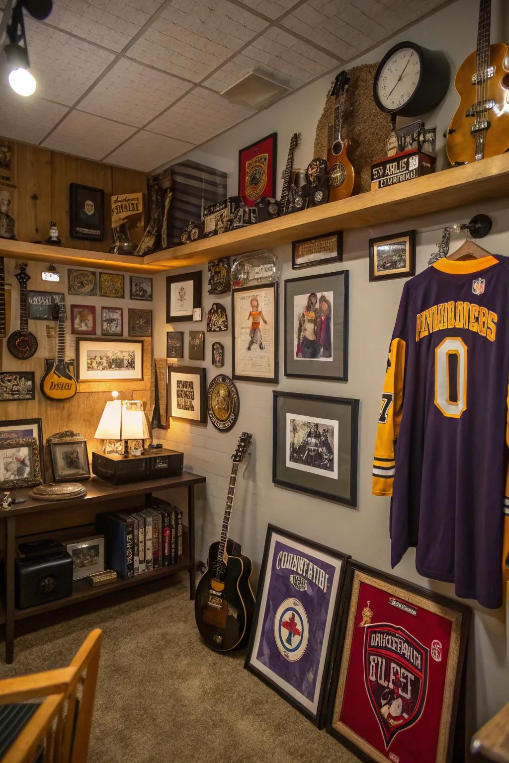 Unique wall decorations adding personality to a man cave.