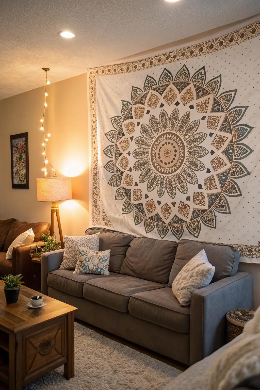 An assorted materials circle motif design with textured components adding depth to a living space.