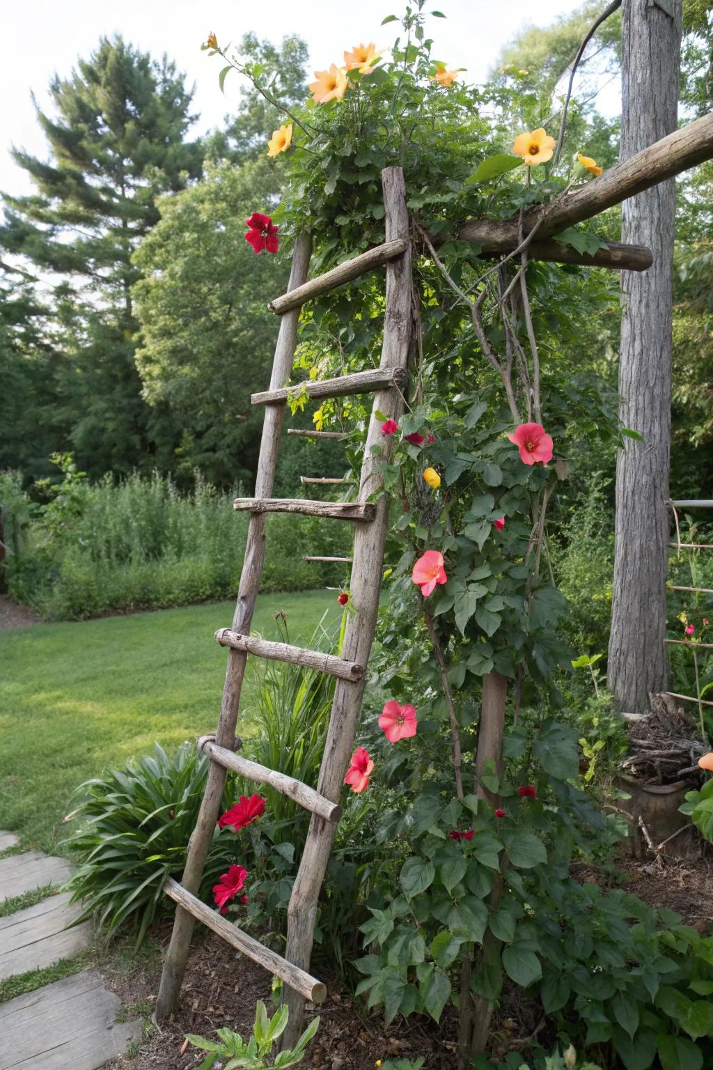 A countryside branch trellis extends a natural and conservational means to showcase mandevilla.