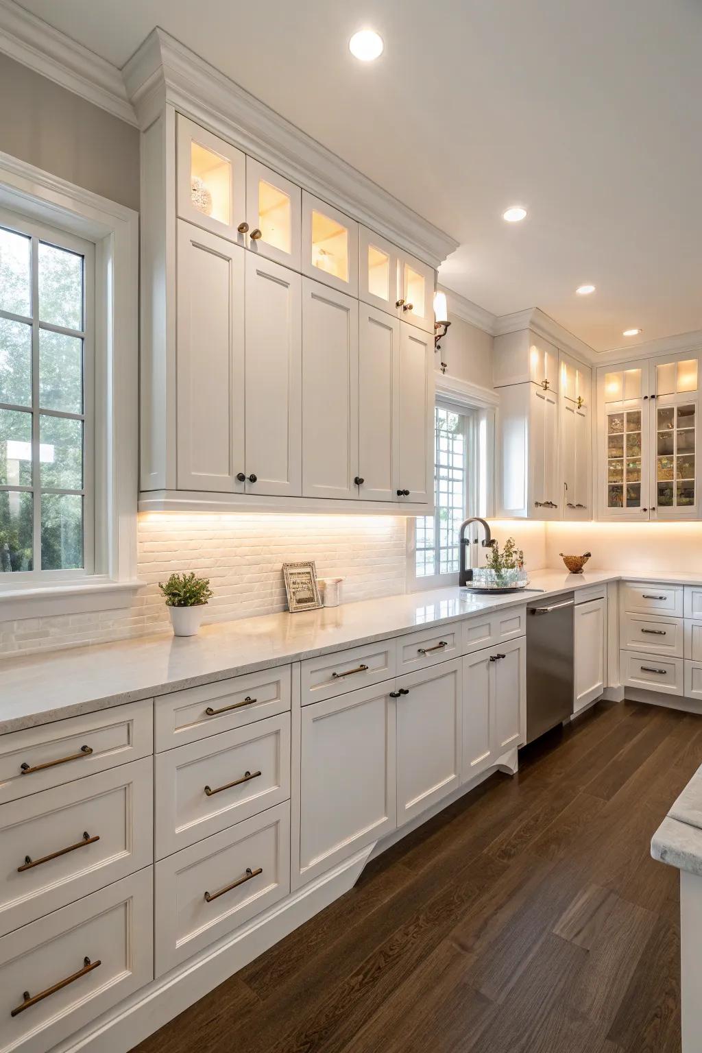 A minimalist kitchen featuring white walnut cabinets, enhancing the feeling of space.