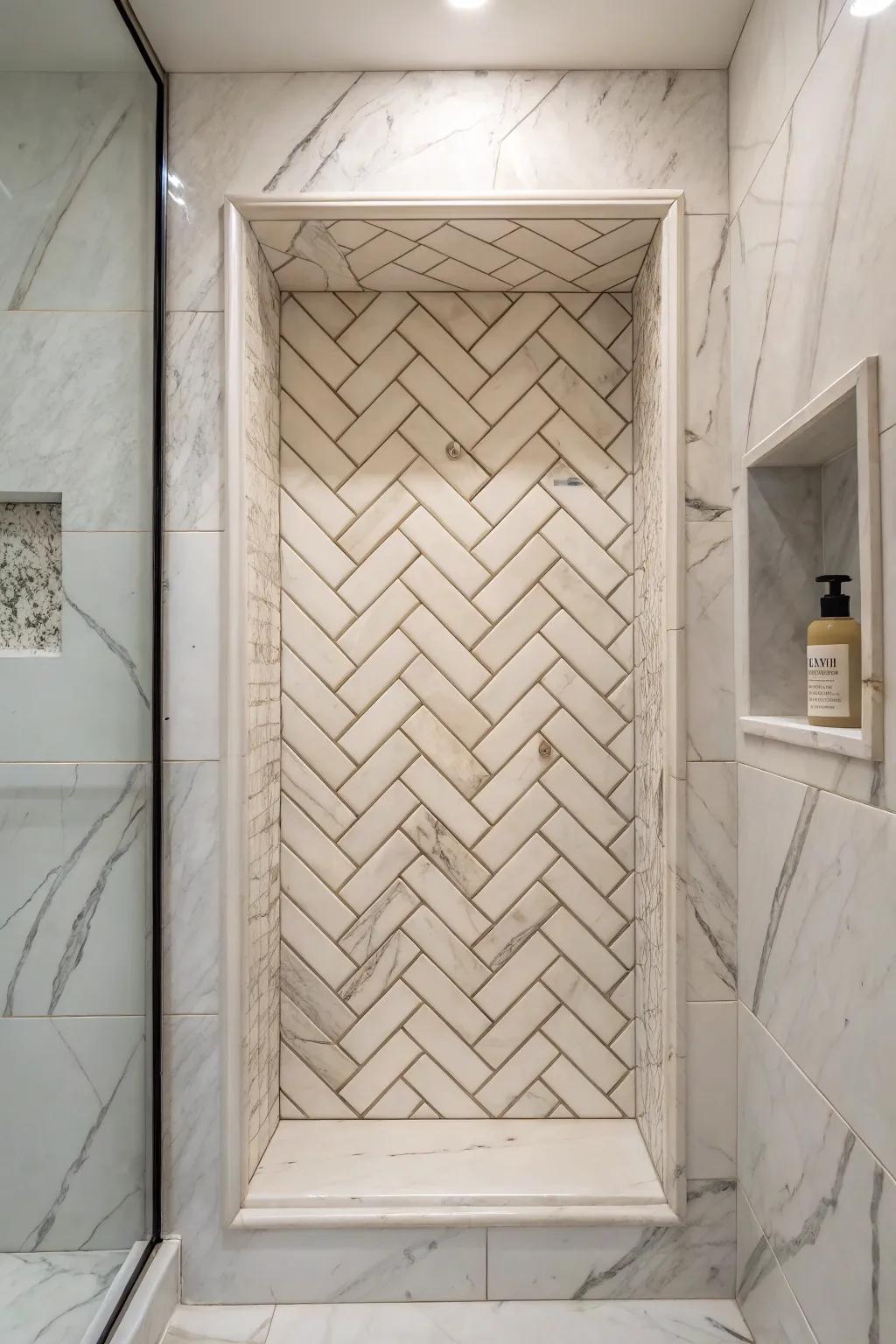 Parquet tiles contribute dynamic movement inside a stone recess.