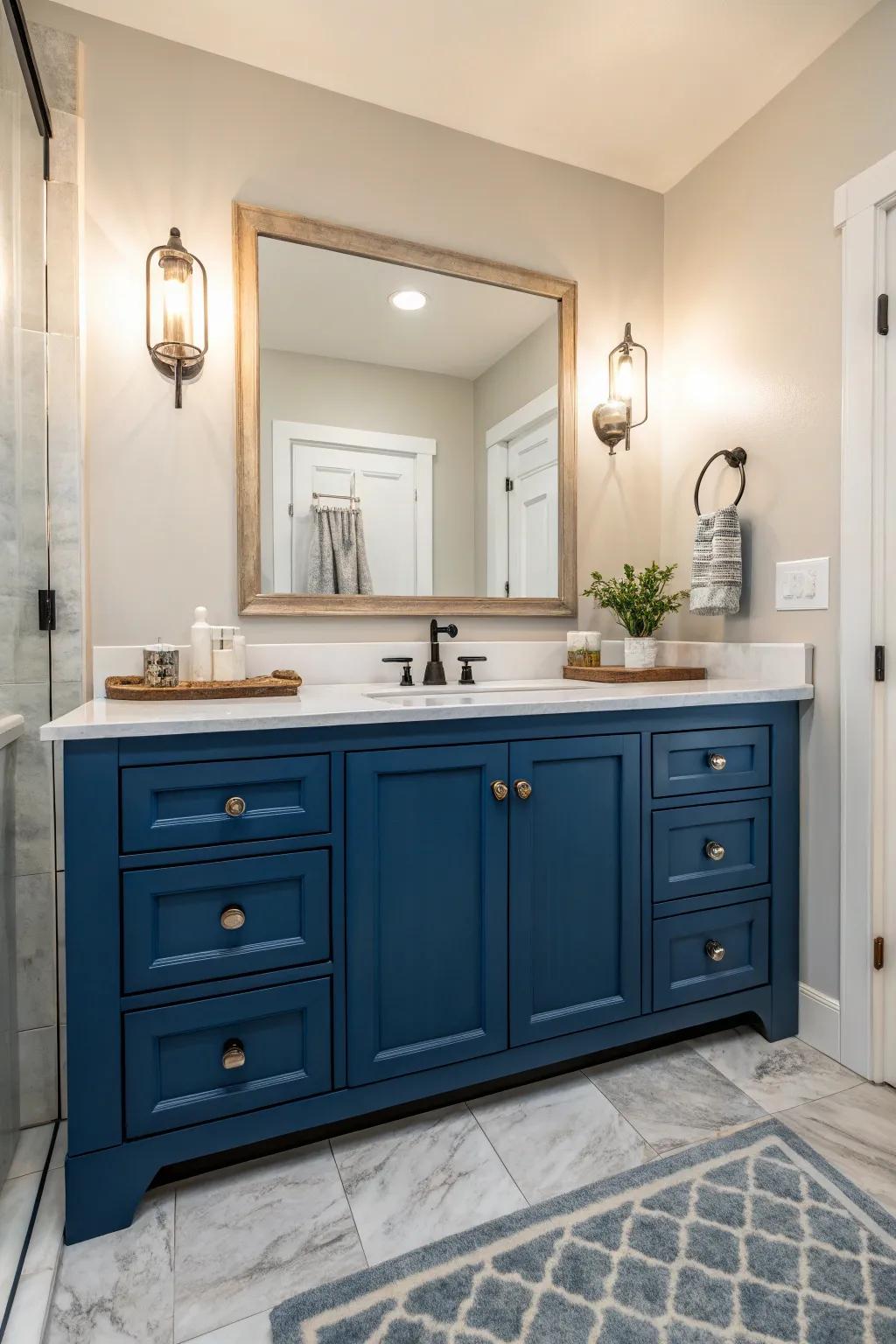 A master bathroom showcasing a bold blue vanity contrasted against a neutral backdrop.