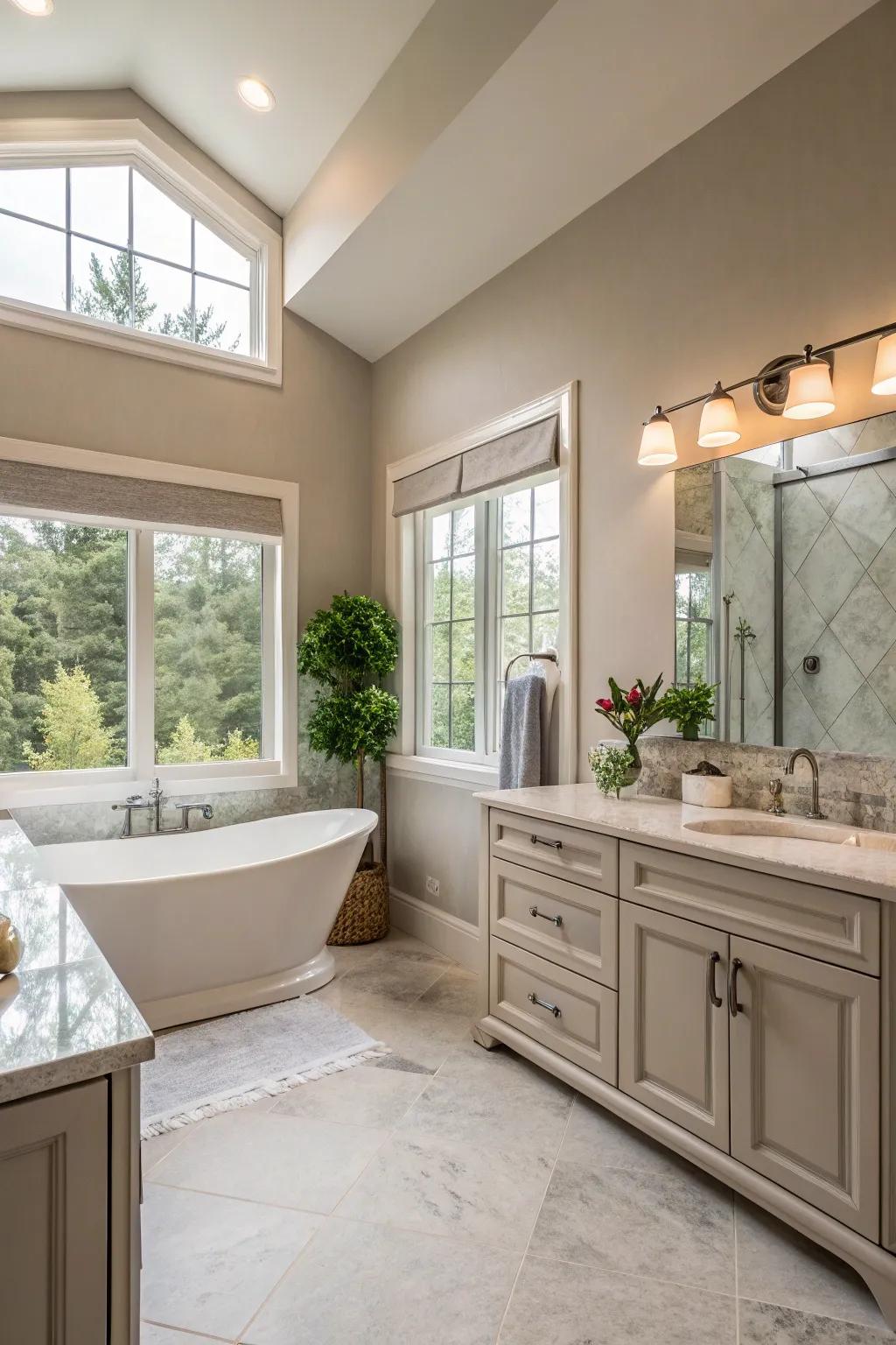 Understated tints set a calming along with timeless ambiance inside this primary bathroom setting.