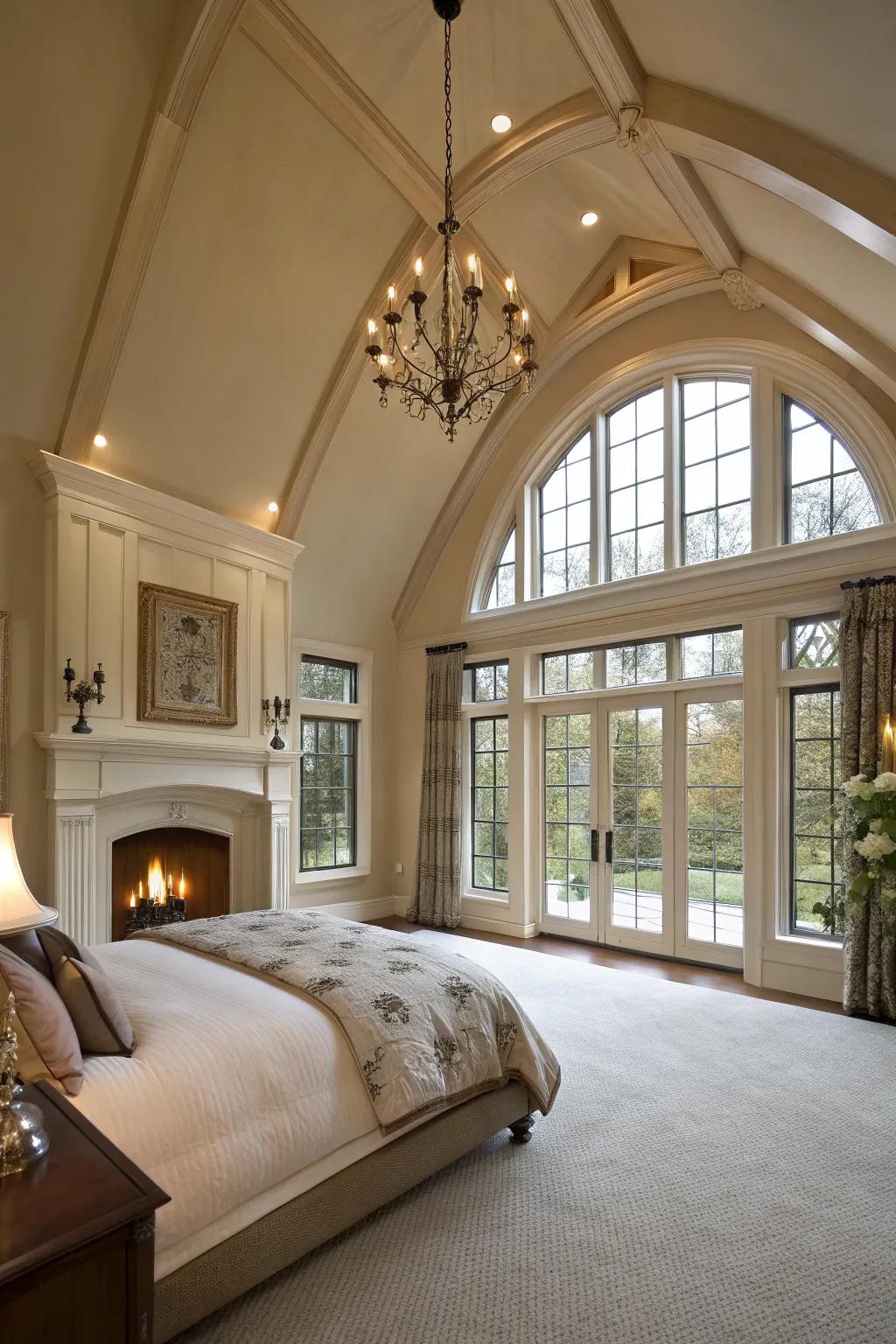 Structural details such as vaulted ceilings enhance the fireplace's presence.