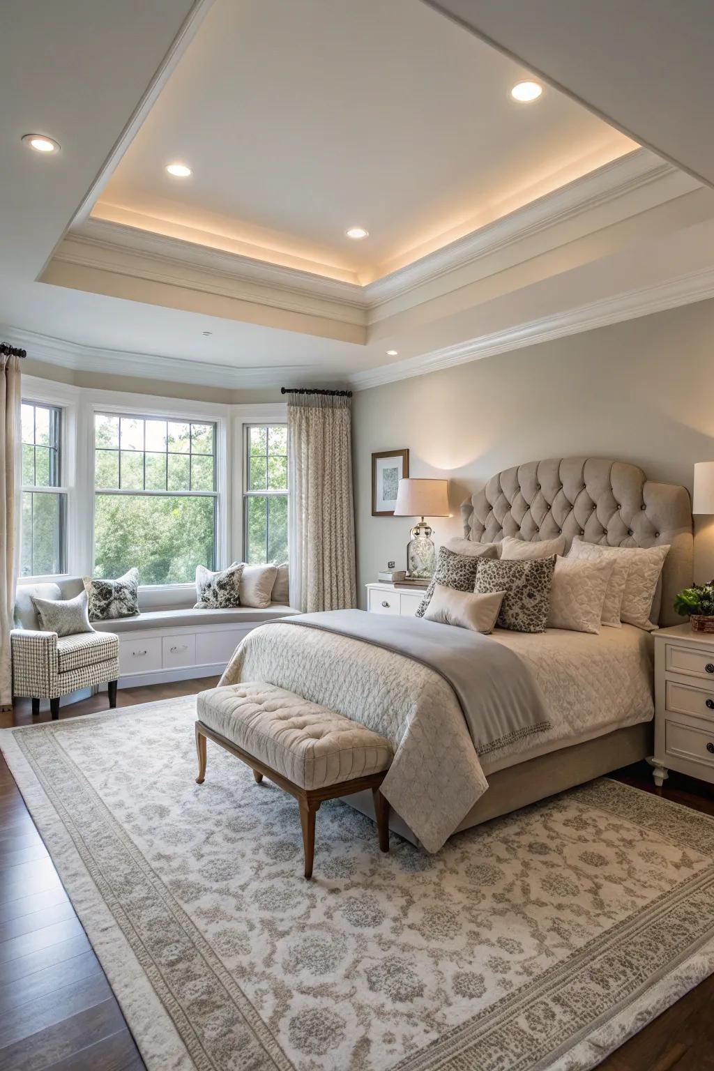 A well-coordinated room draws attention to the elegance of your stepped ceiling.