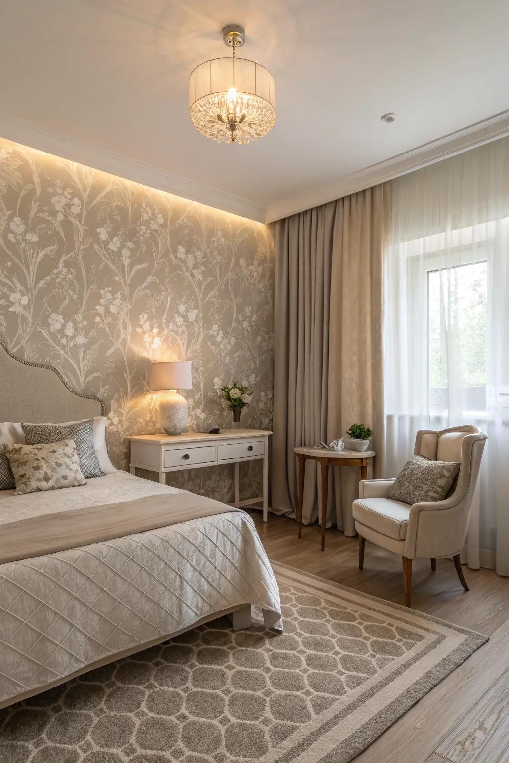 Color harmony wall covering creates a tranquil bedroom ambiance.