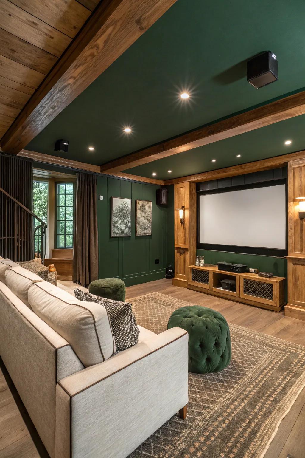A media room presenting woodland green walls, intermixing the allure of nature with leisure.