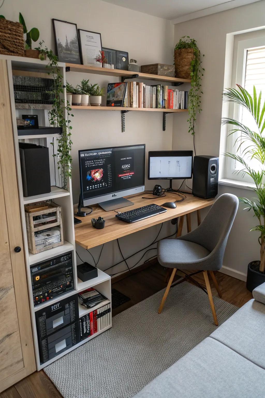 Productivity is enhanced in this home office thanks to an organized tech setup.