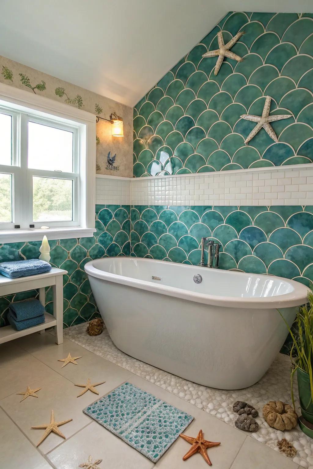 A standalone tub transforms into a centerpiece in a mermaid-themed sanctuary.