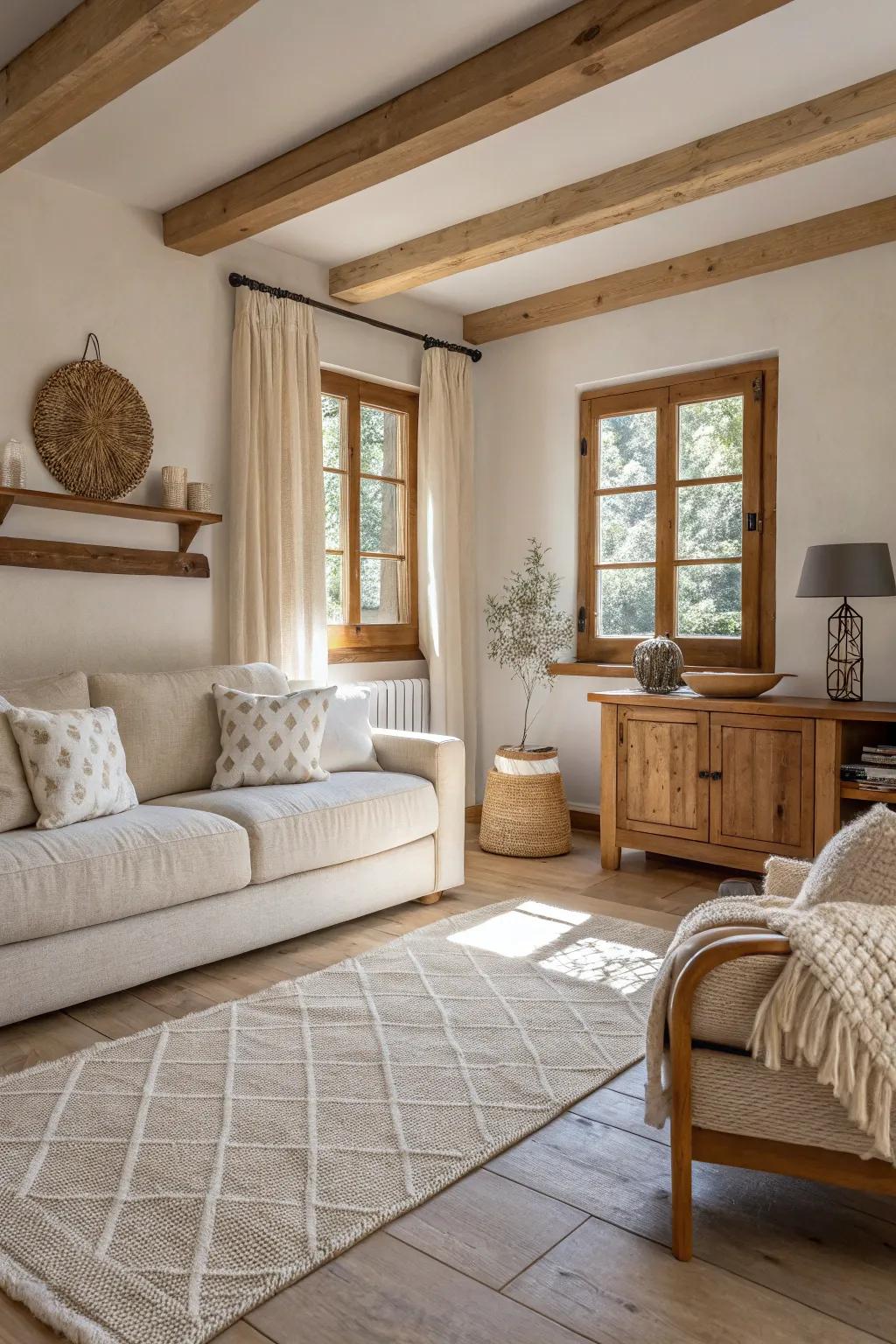 Mixed textures bring depth and warmth to a minimalist living space.