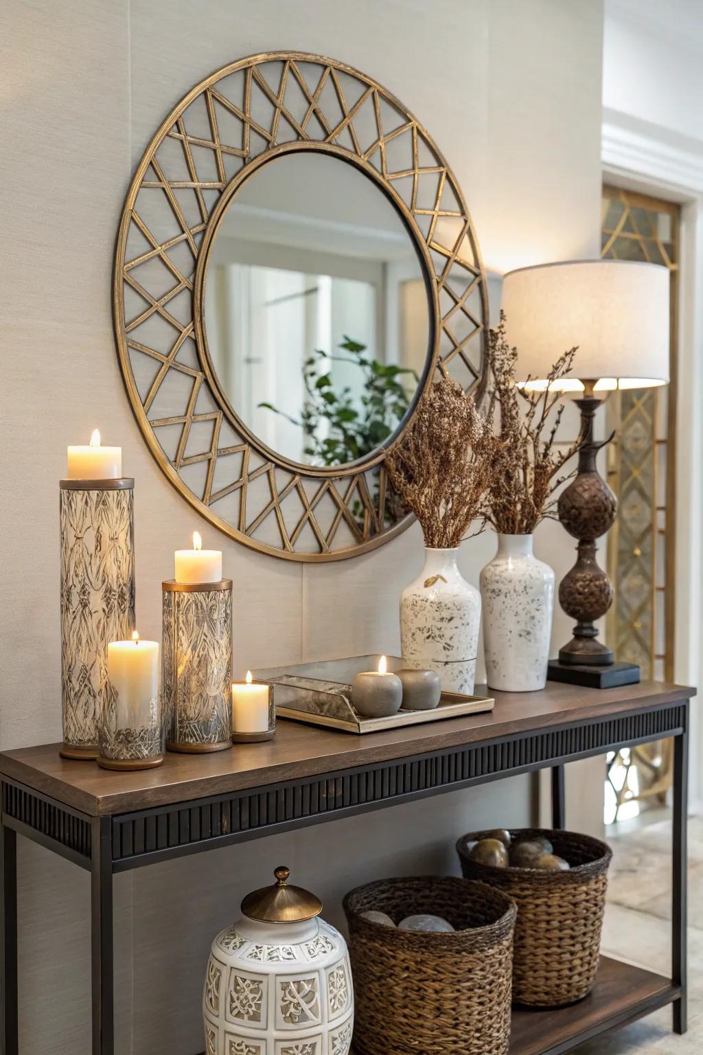 Mirrors above consoles highlight decor and add elegance.