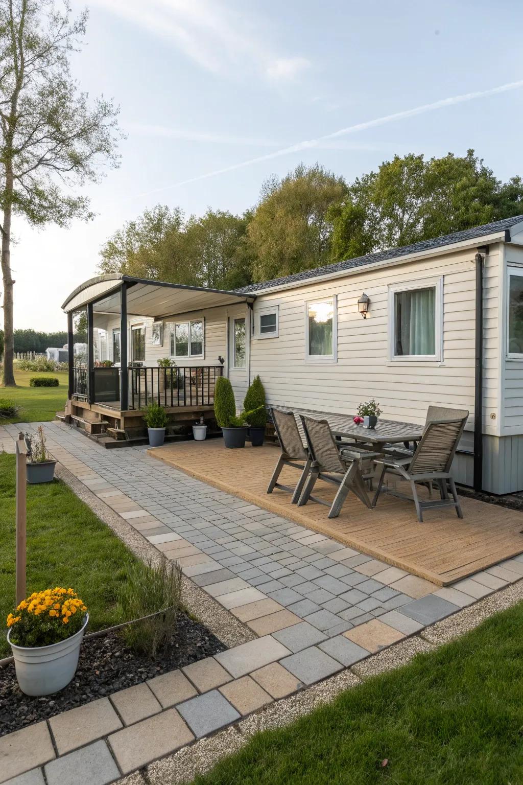A welcoming paved terrace furnished with outdoor furniture adjacent to a mobile home.