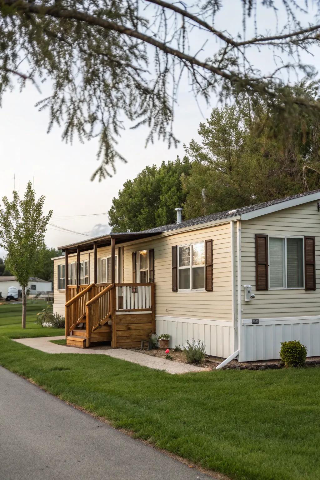 Board and batten shutters imparting timeless allure to a mobile home.