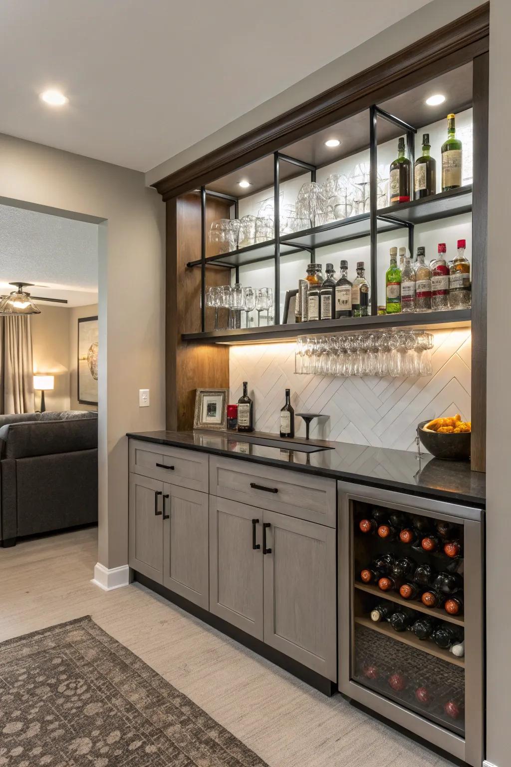 Inventive storage solutions keep this bar organized and chic.
