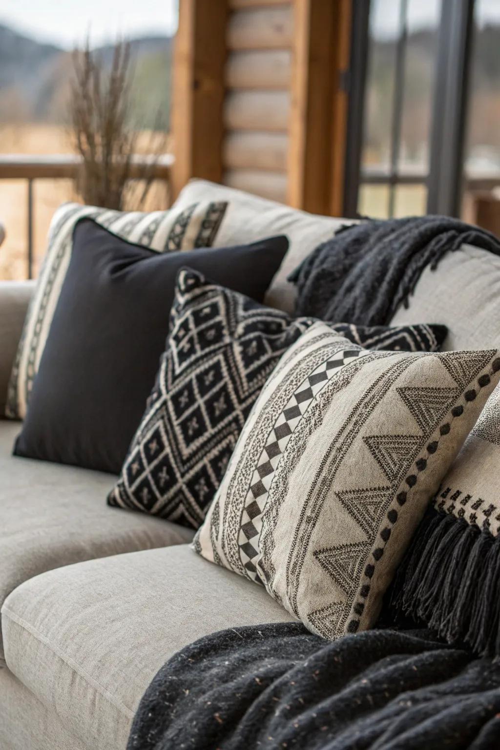 Charcoal and slate toss cushions add texture and comfort to the sofa.