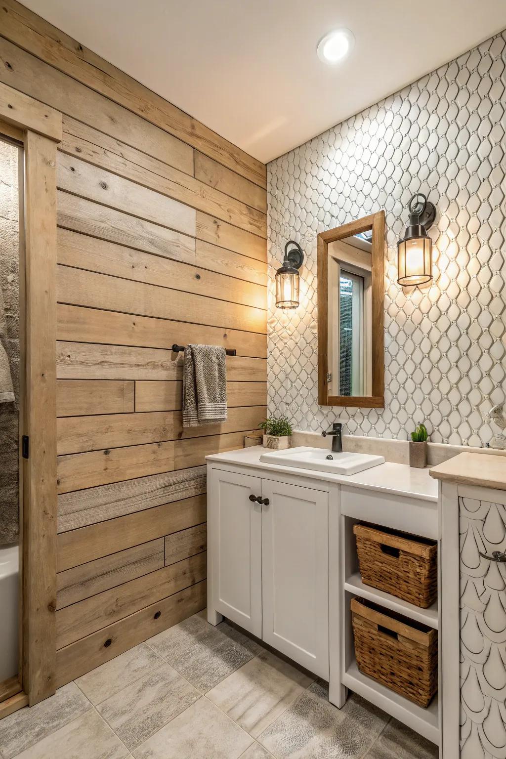 Textured surfaces add dimension and attention to this farmhouse bathroom.