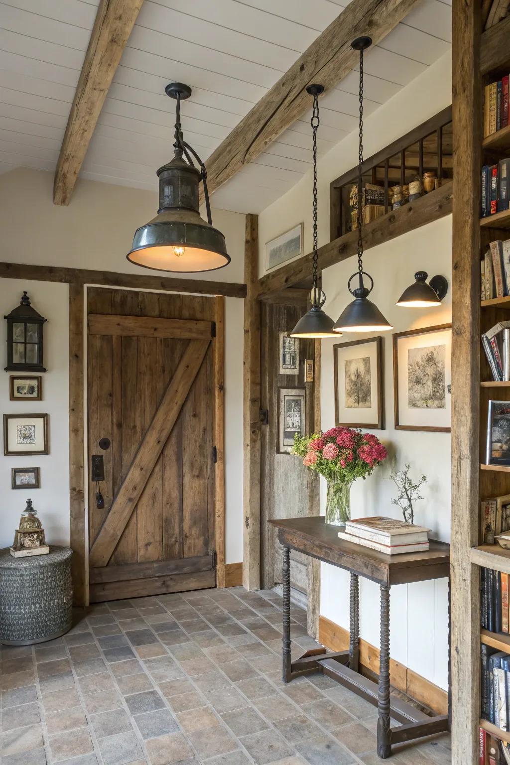 Industrial lighting complements the modern farmhouse style.