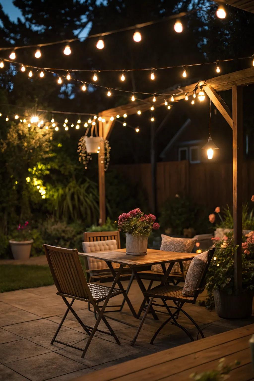 Twinkle lights transform patios into captivating escapes.