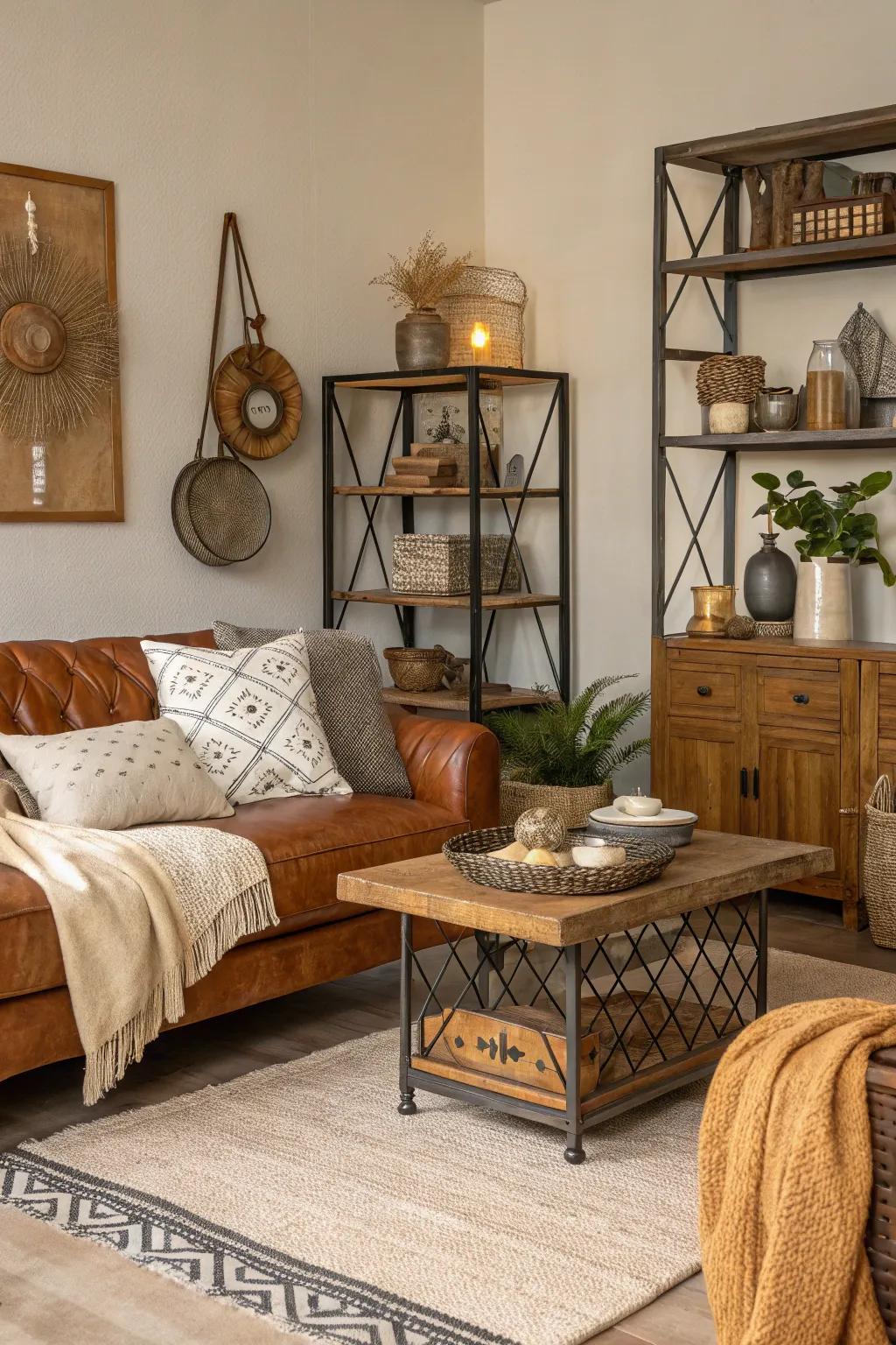 A blend of feels adds dimension and intrigue to the farmhouse living space.