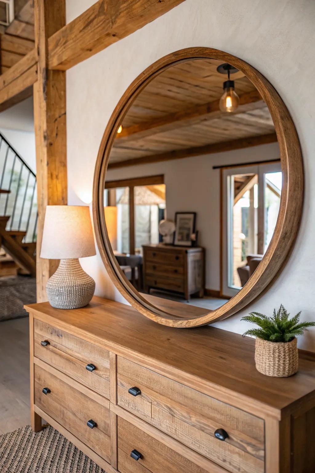 Rounded timber-framed reflector in an illumination-filled farmhouse space.