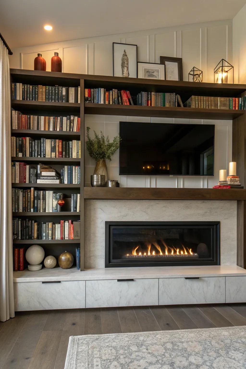 A modern fireplace with built-in shelves, blending practicality with style.