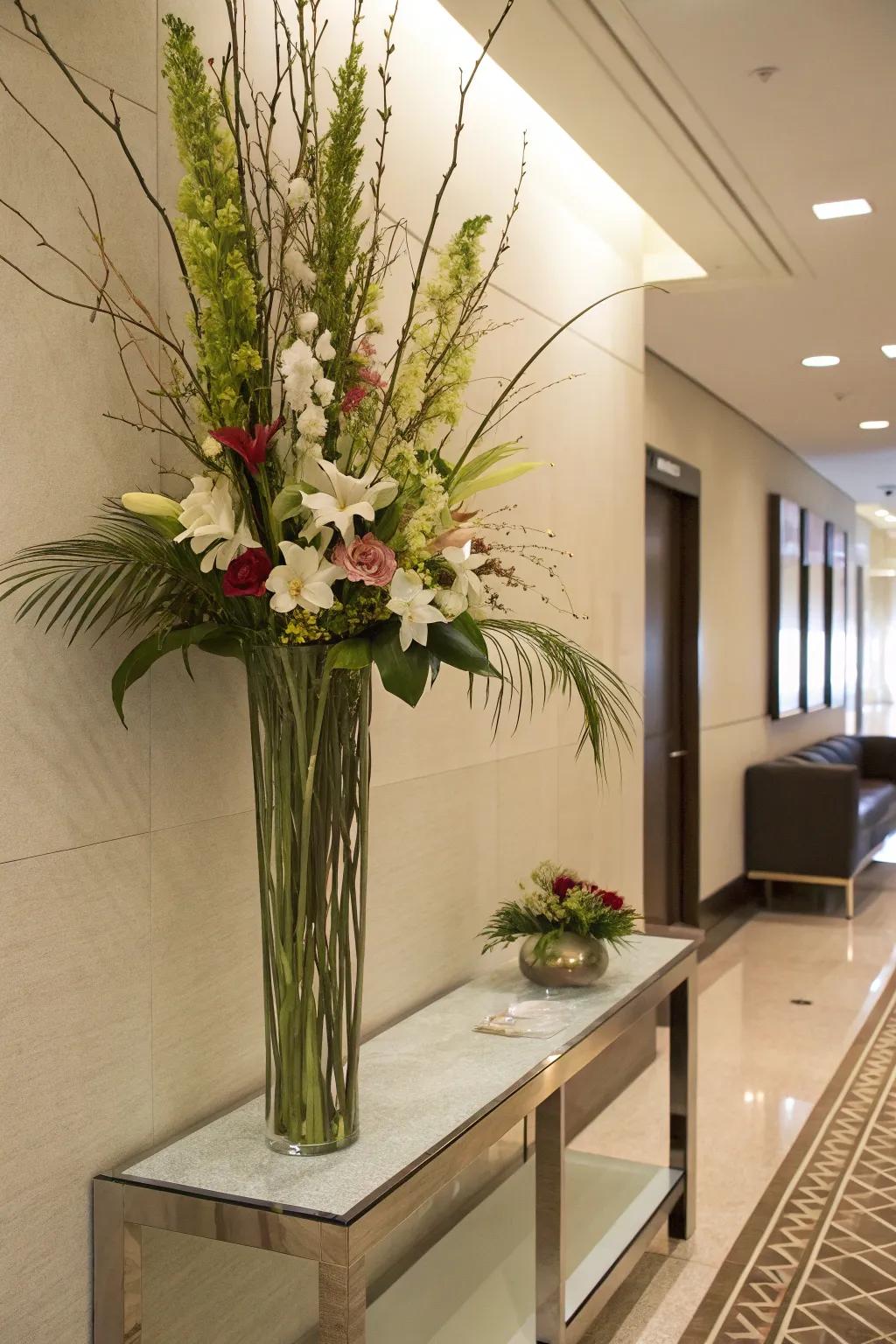 A vertical floral arrangement that enhances height and visual impact.