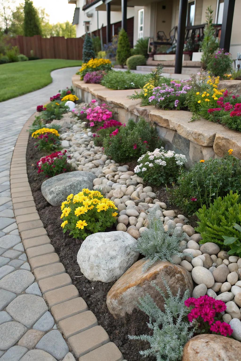 Natural stones introduce texture and visual interest to flower beds.