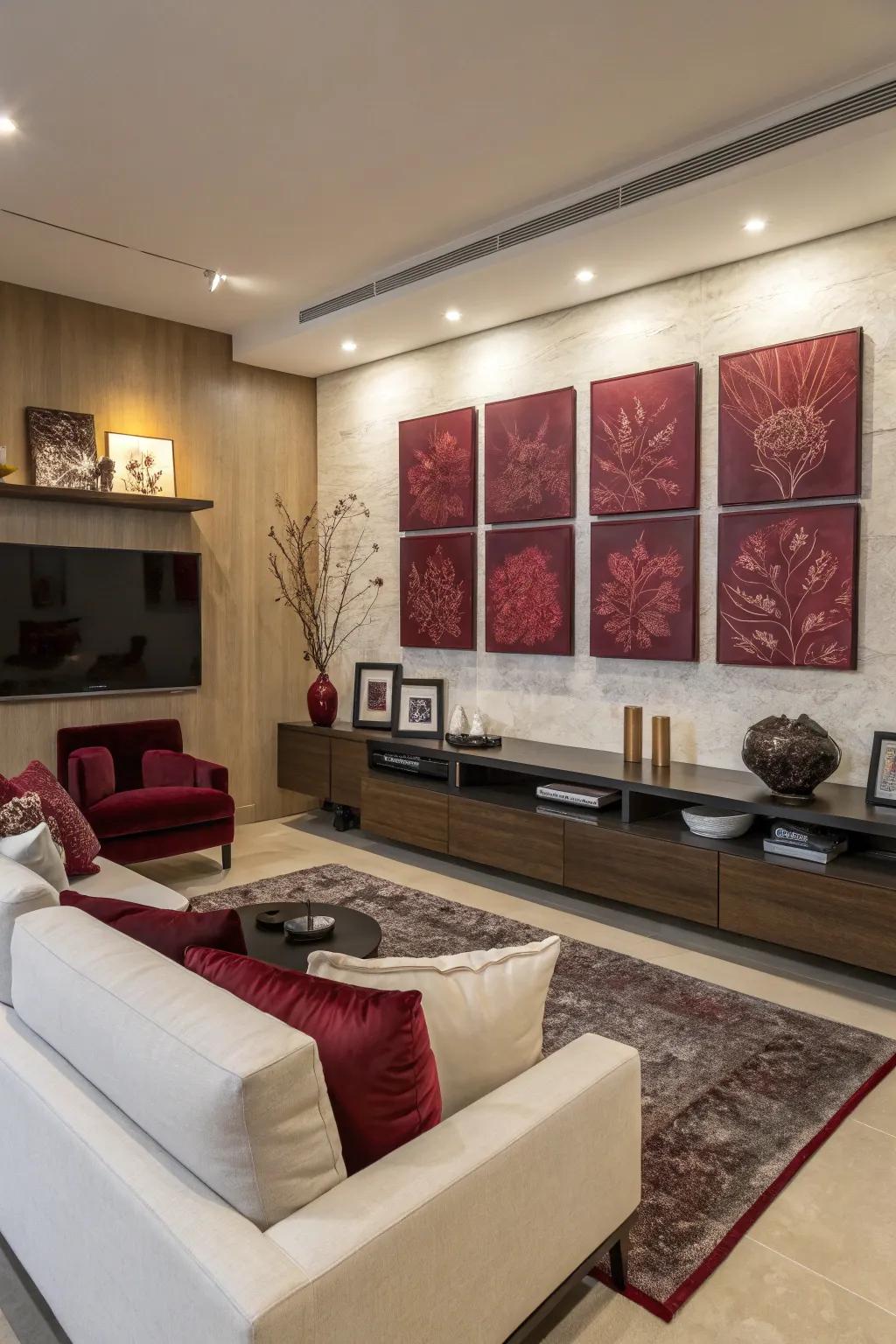 Lounge consisting of deep red-themed artworks and contemporary design.
