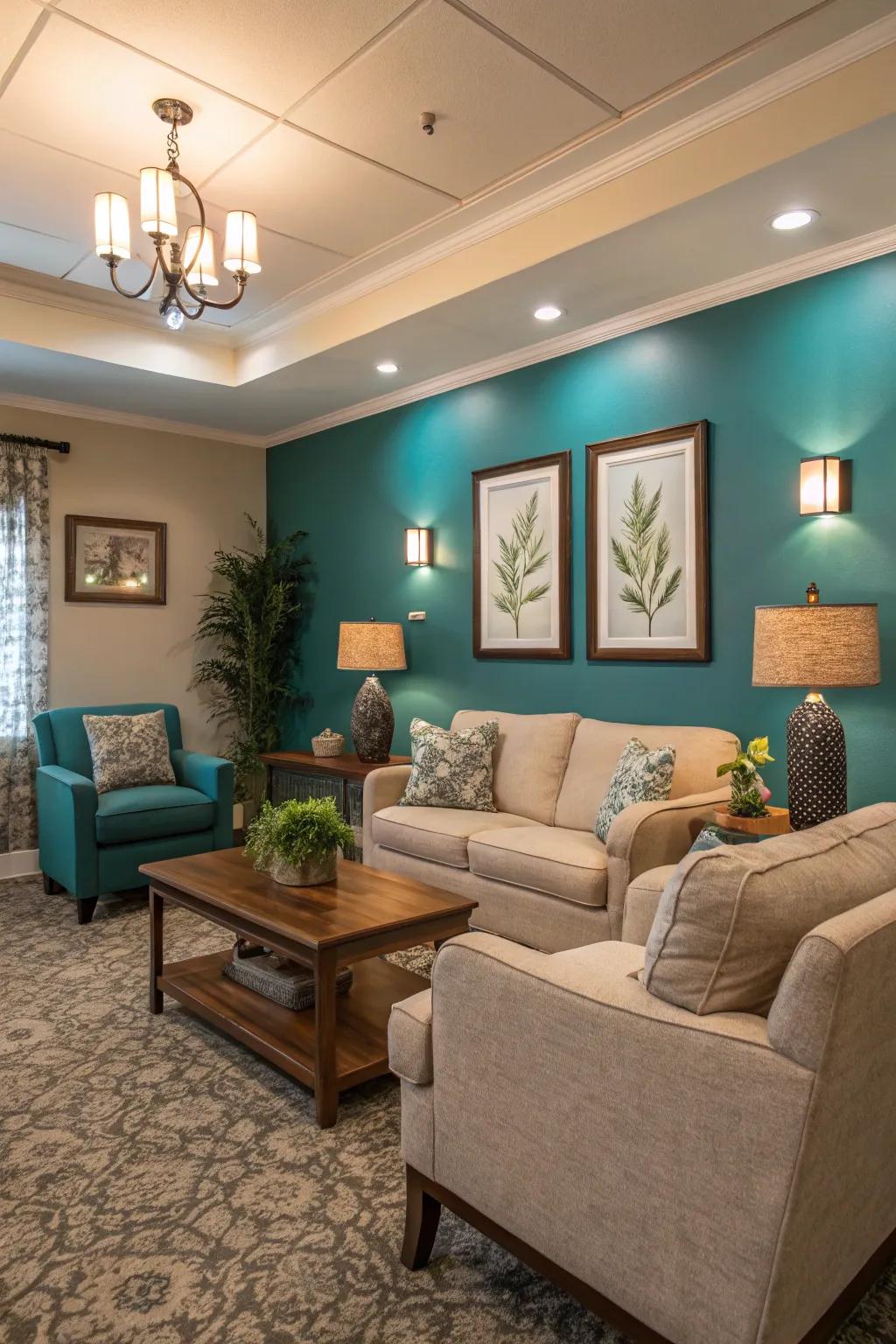 Blue-Green walls transform this living room into a tranquil oasis.