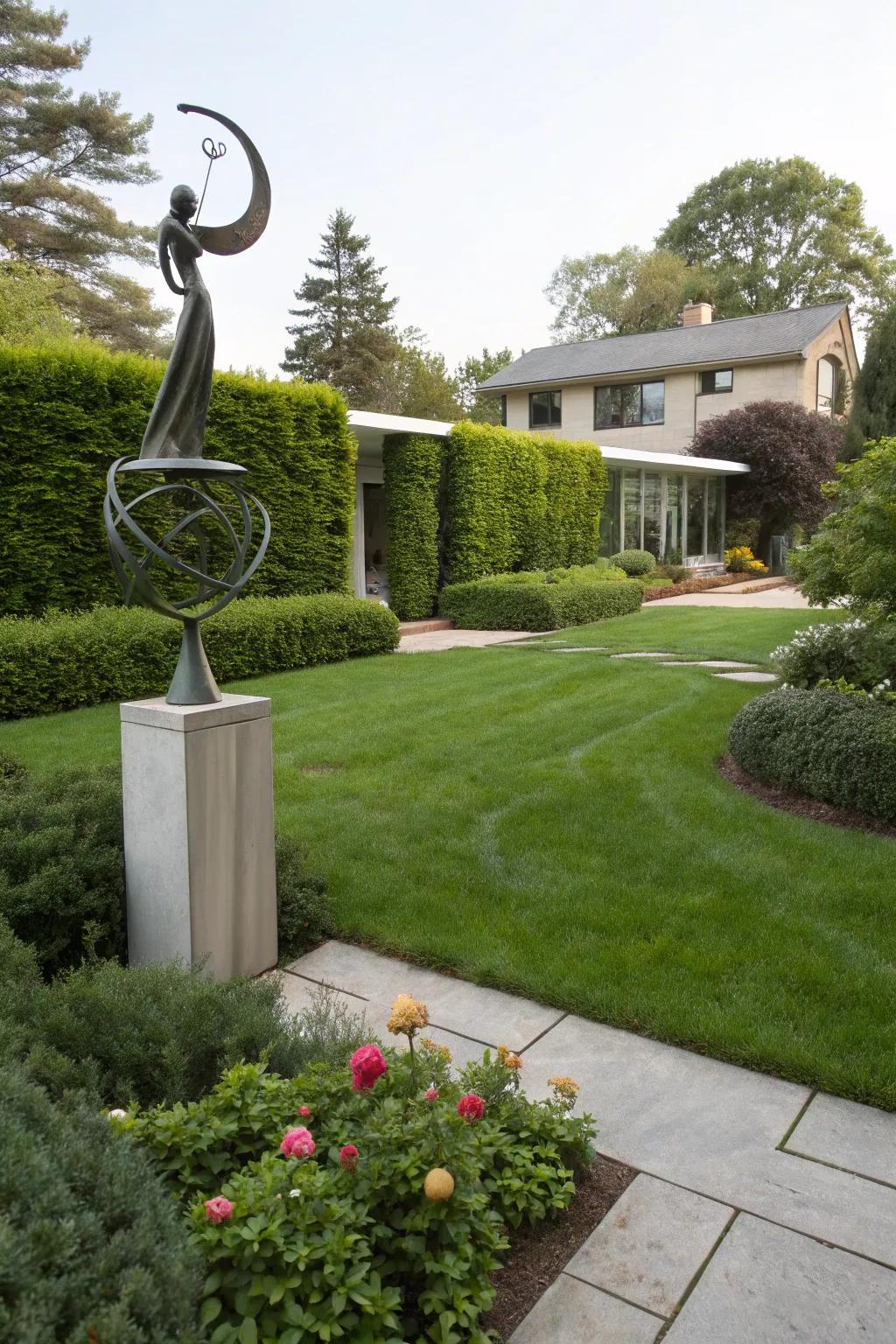 A front garden showcasing a modern sculpture that elevates its visual appeal.