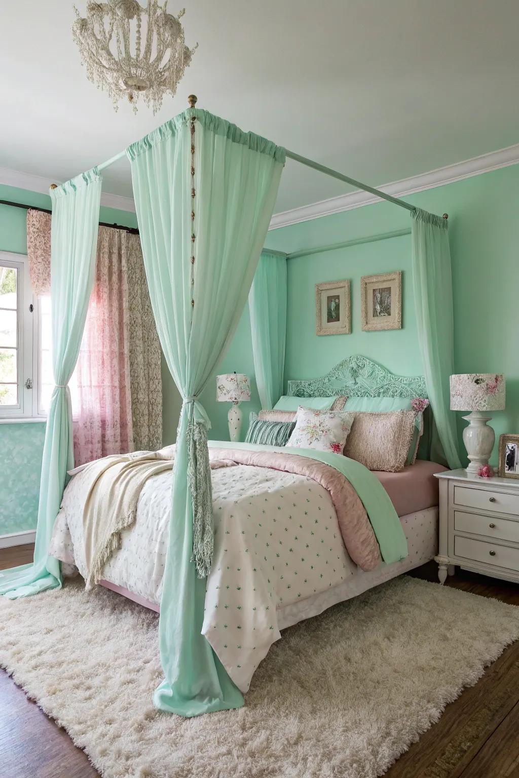 A textured and enticing soft jade bedroom.