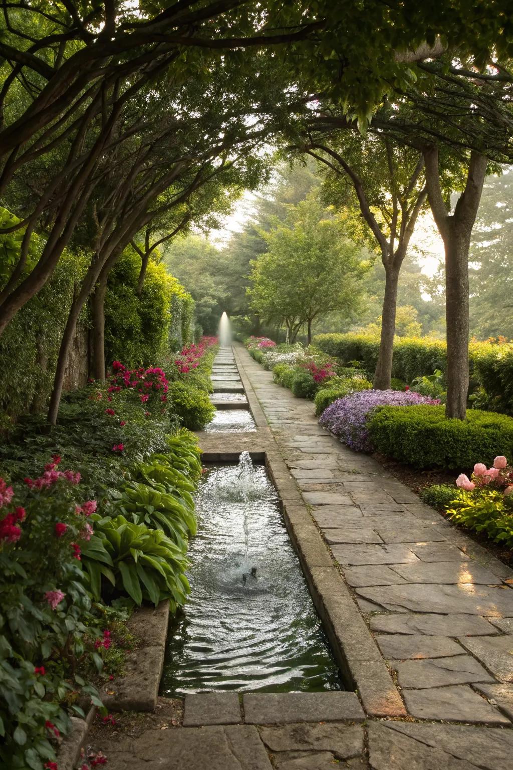 A garden path accompanied by a soothing water feature for added serenity.