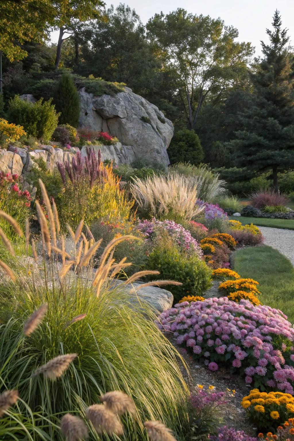 A spectrum of vegetation affixes vibrancy and existence to your rock display.