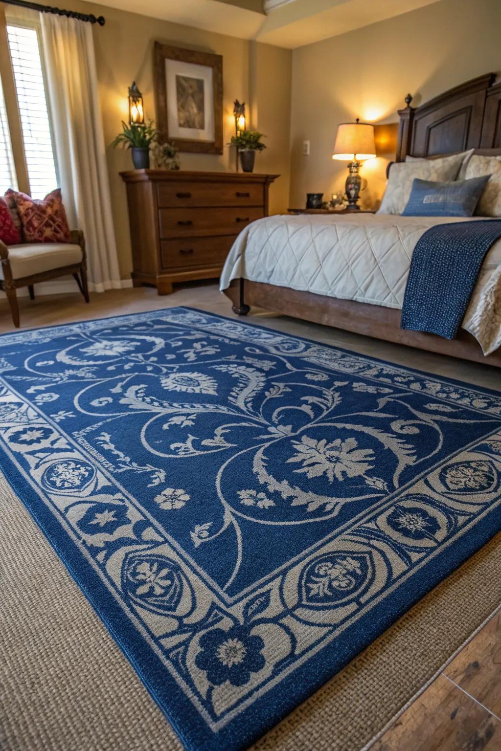 A patterned floor covering injects texture and unifies the sapphire theme.
