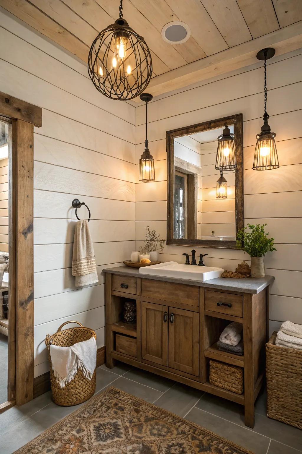 Pendant lighting enriches the rustic allure through its inviting, warm glow.