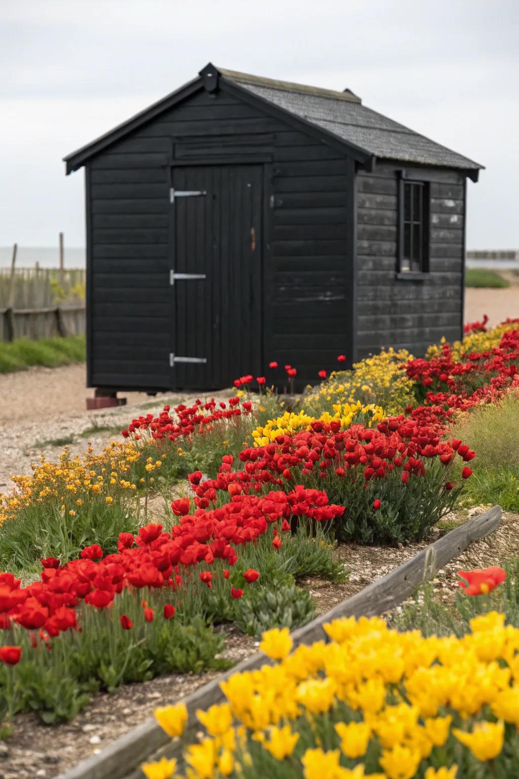 A bold black shed, a dramatic statement in the garden.