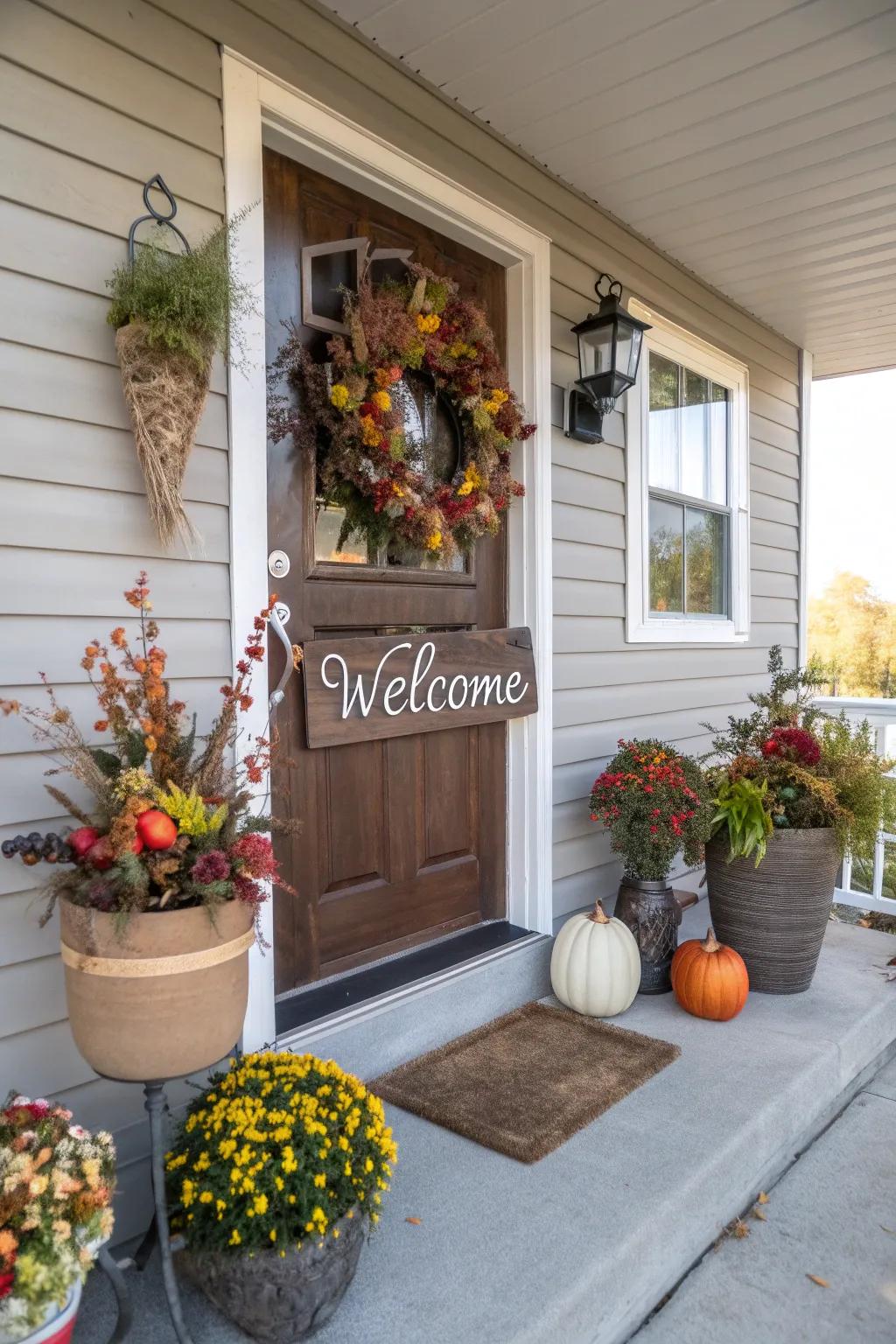 A small front porch adorned with seasonal decor, creating a welcoming and festive vibe.