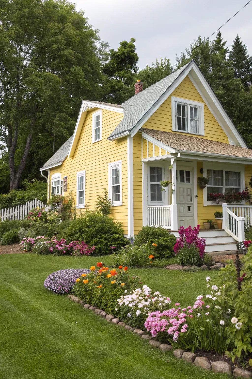Sunny yellow and white trim combine for a joyful, inviting exterior.