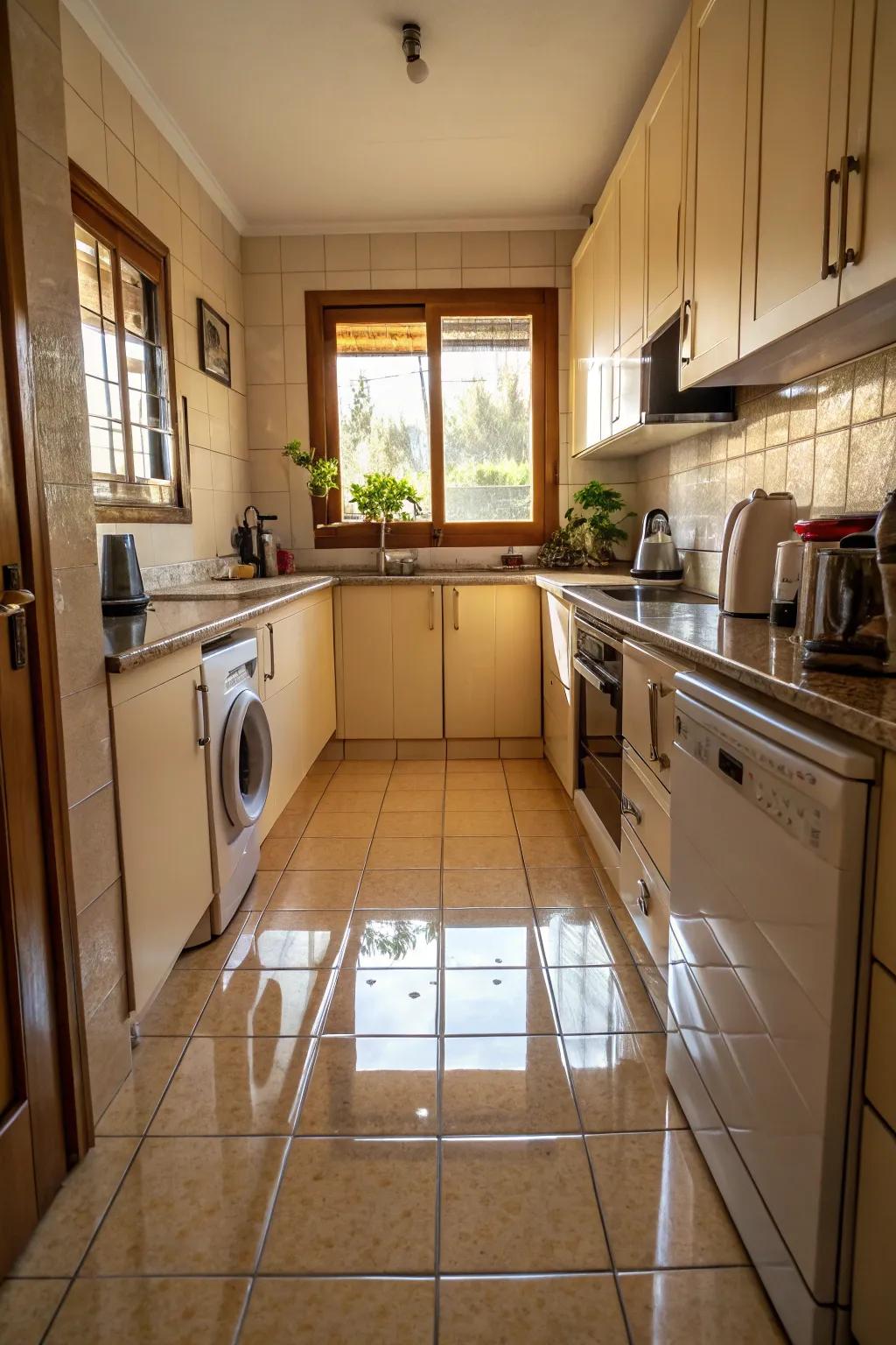 Glossy coverings reflecting light in a small kitchen