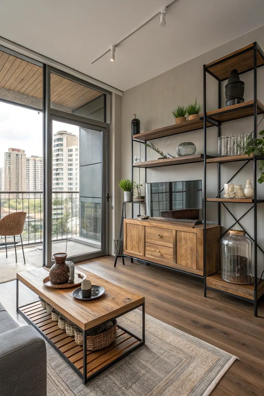 A studio apartment showcasing a contemporary design with a combination of metal, wood, and glass.
