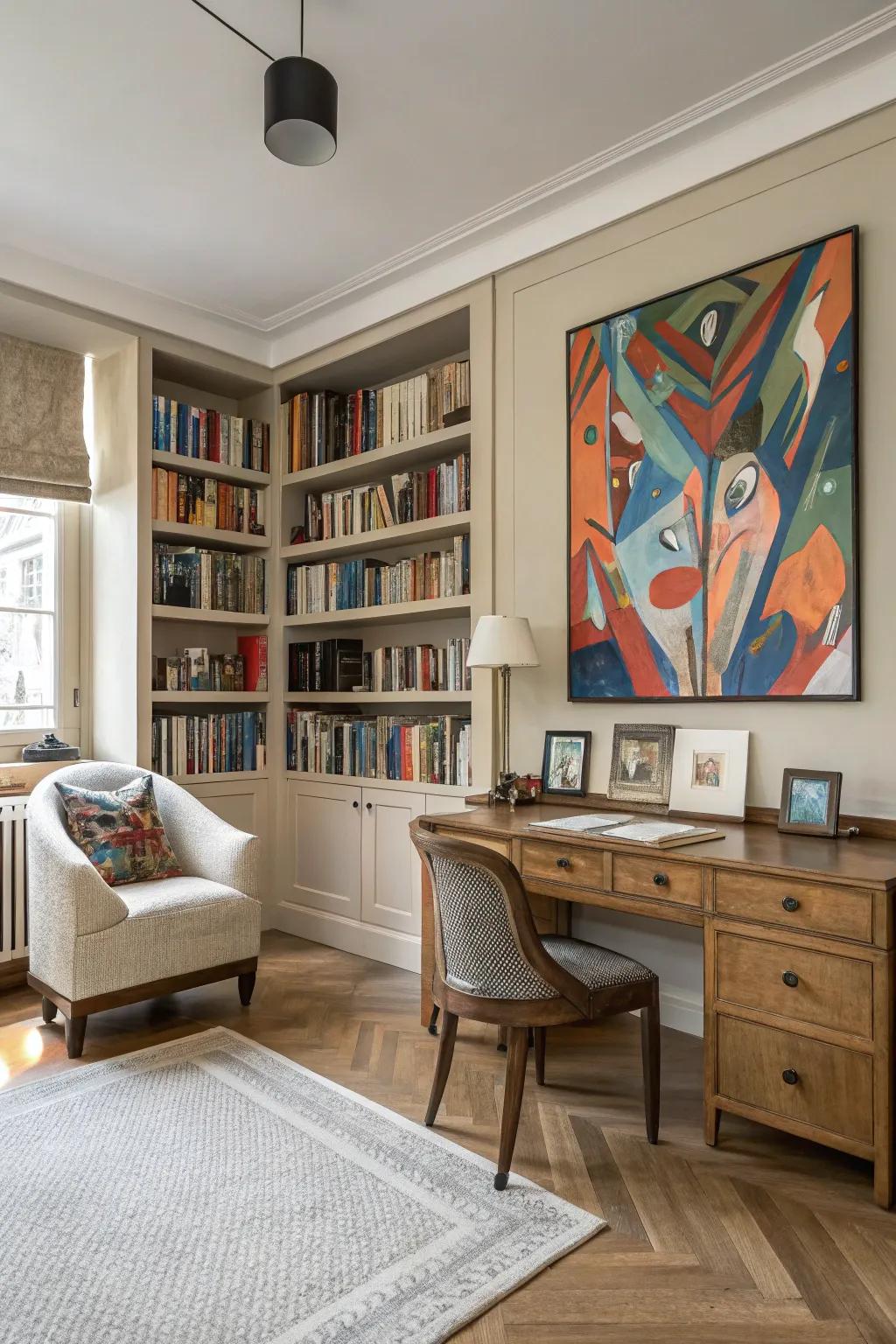 A personalized study room adorned with art that sparks creativity.