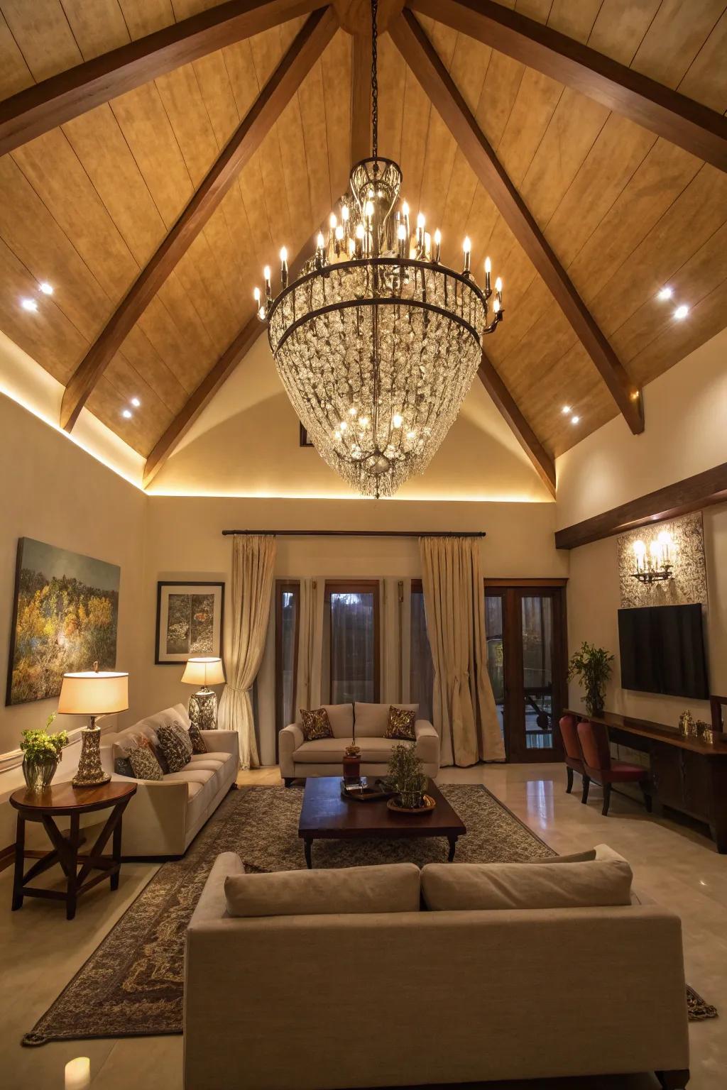 A magnificent light fixture enhances the grandeur of this vaulted ceiling space.