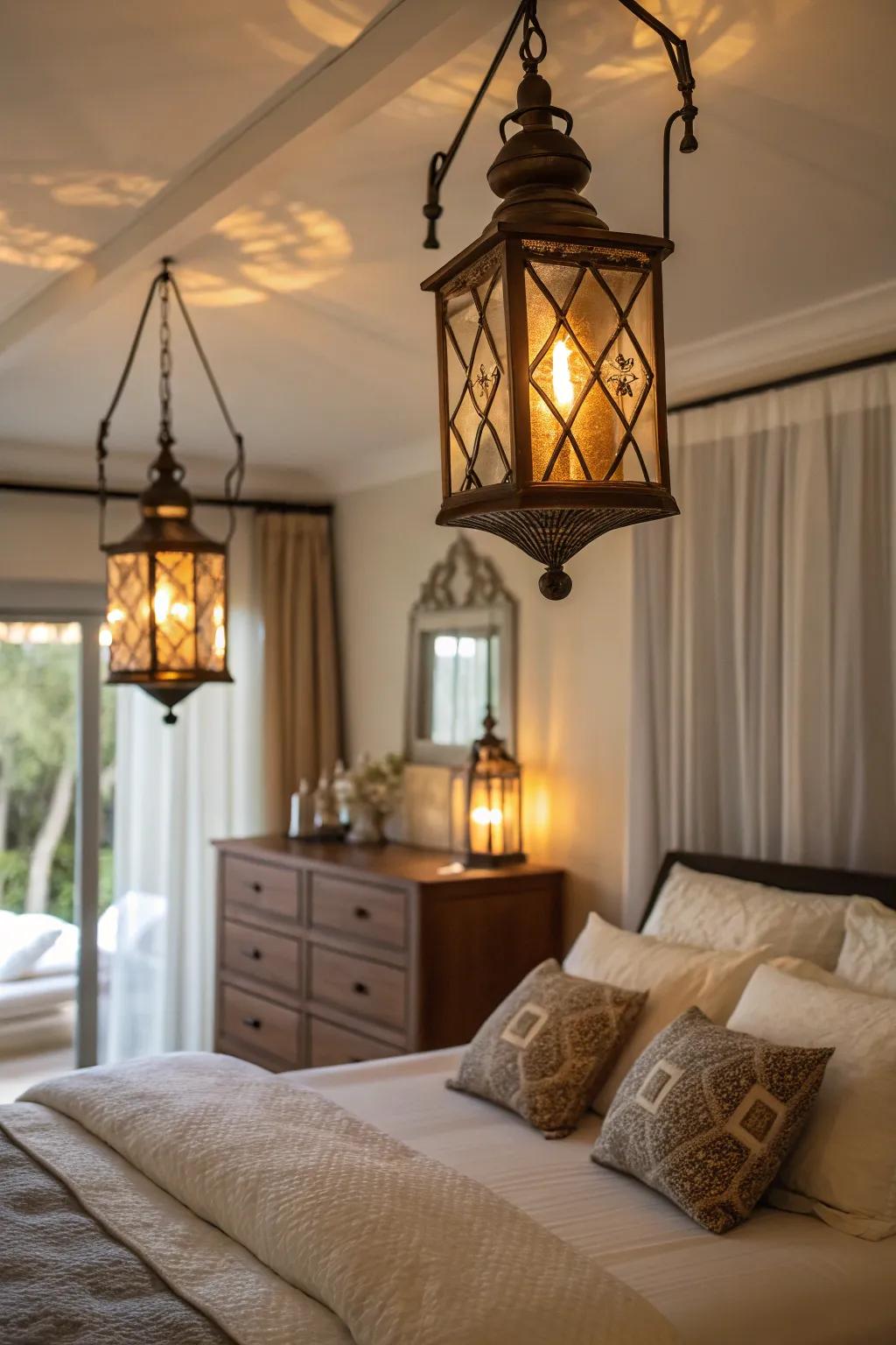 Ambient lighting elevates the snug feel of a western bedroom.